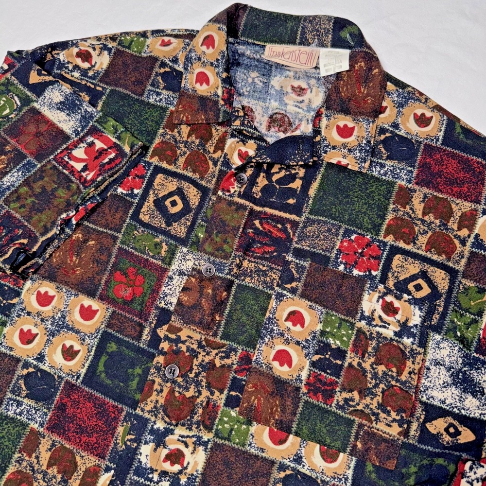 Vintage 70s Frankenstein Hawaiian Shirt Disco Patchwork Mens Med USA Rayon